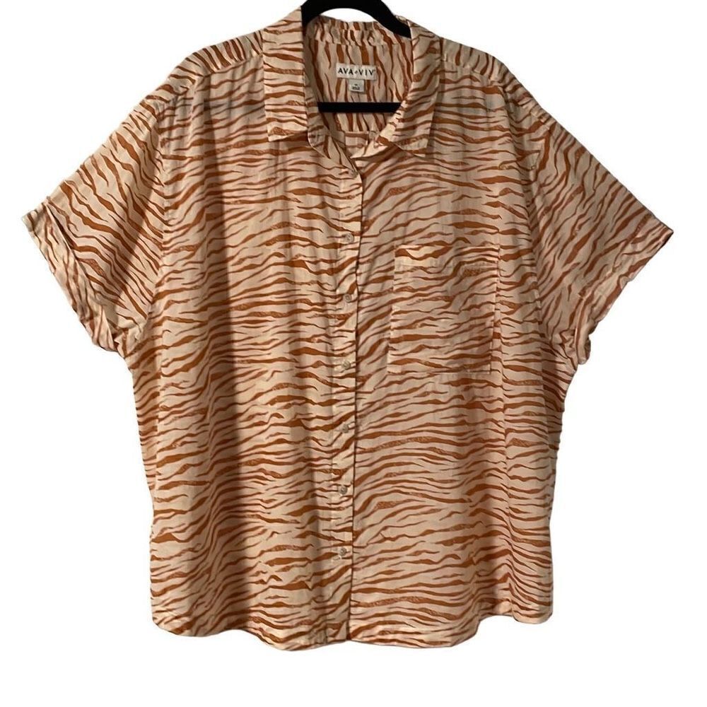 AVA + VIV print lightweight cotton short sleeve button front shirt 2X